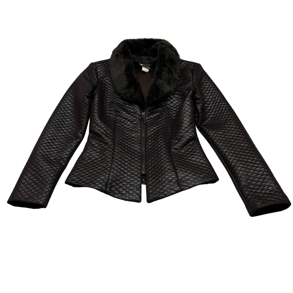 Womens Quilted Faux Fur Collar Jacket Small Brown Zip Up Winter Chic Mob Wife
